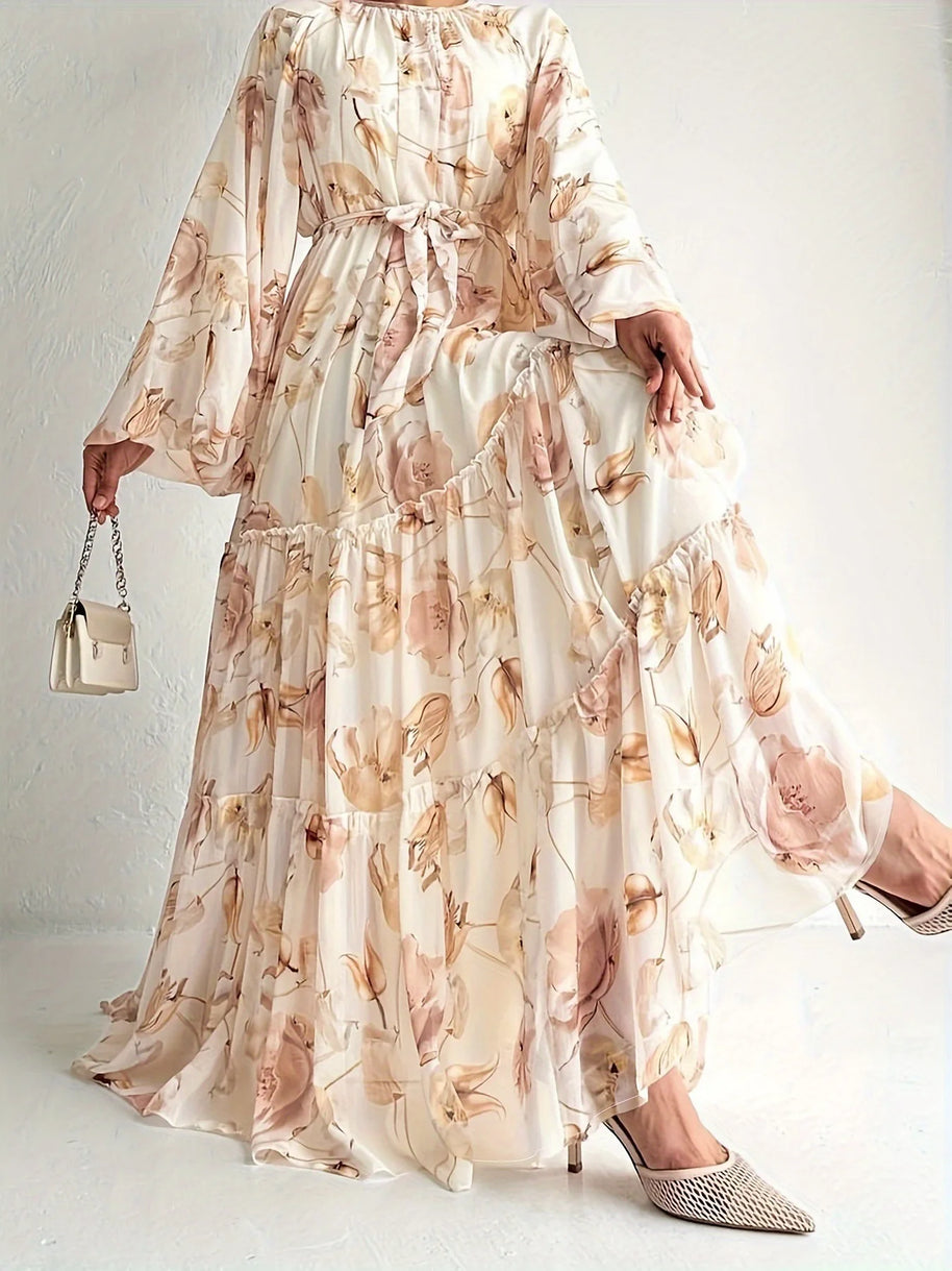 Muslim Women Dresses Flower Print Abaya Sashes Eid Ramadan Morocco Vestidos Dubai Jalabiya Kaftan Islam Arab Long Robe Abayas