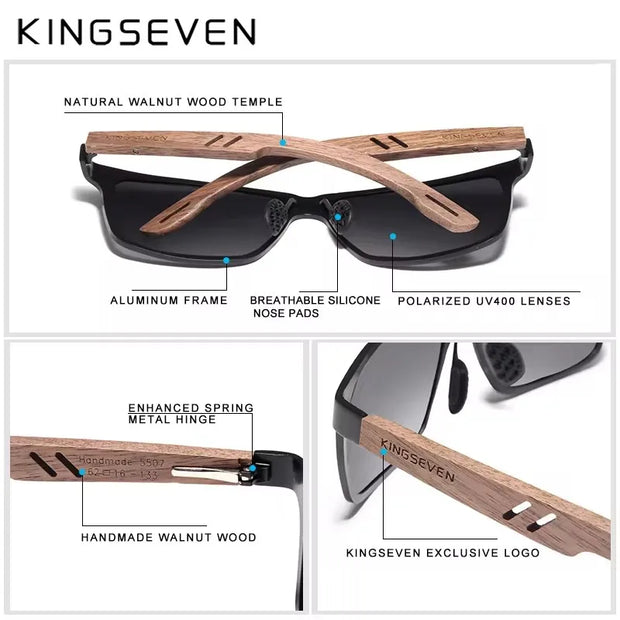 KINGSEVEN Brand Wooden Sunglasses High Quality Rectangle Frame Men Women's UV400 Polarized Lens Glasses Luxury Retro Eyewear