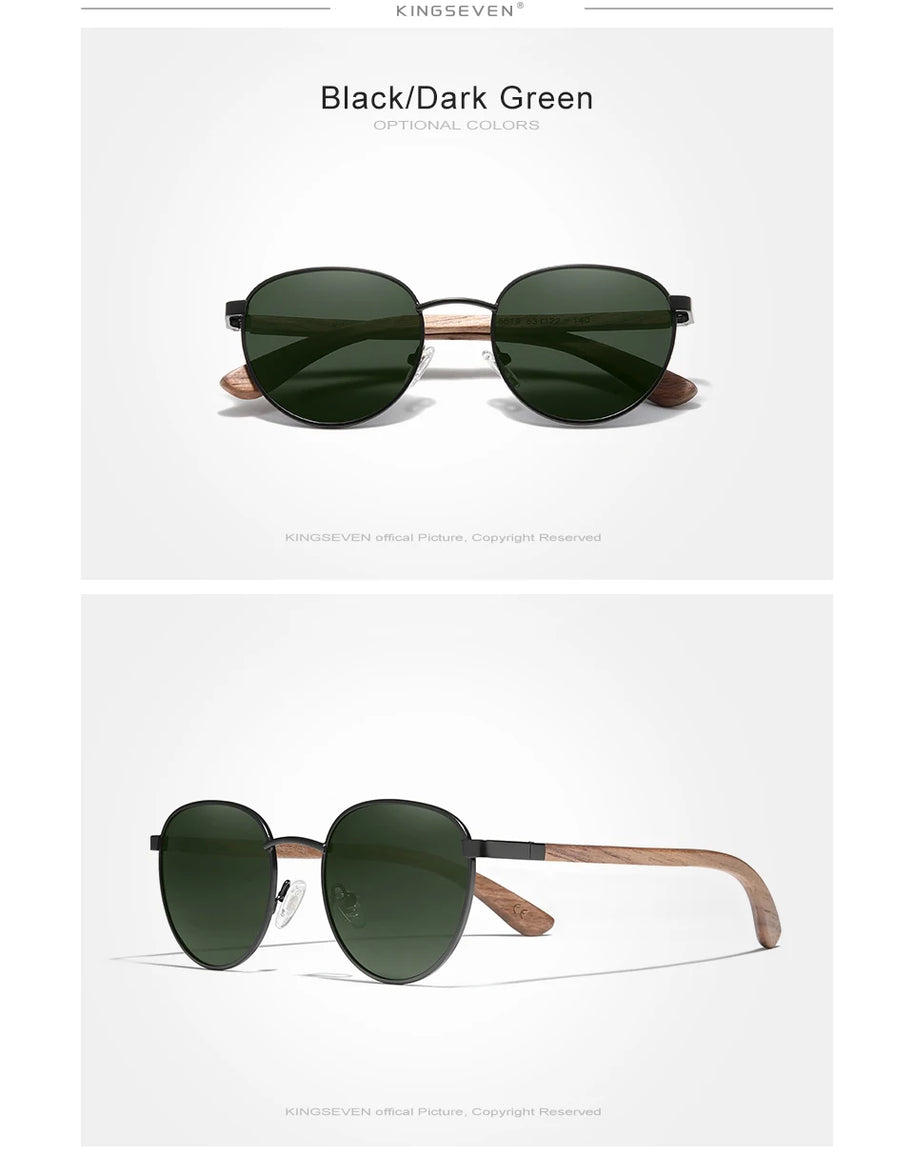 KINGSEVEN 2023 Black Walnut Wooden Sunglasses For Men Polarized UV400 Protection Round Lens Retro Eyewear Women Handmade Glasses