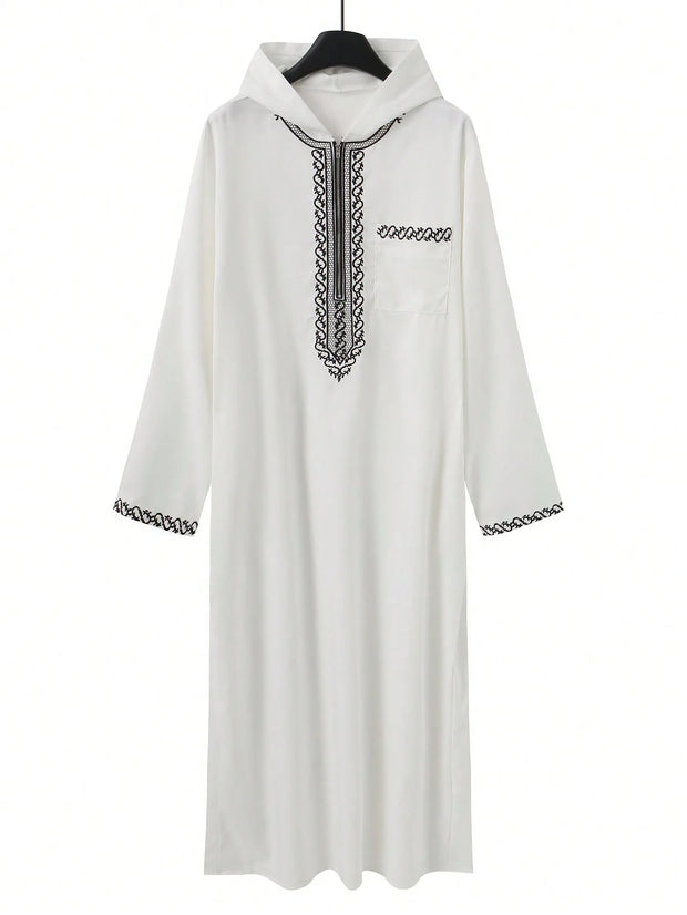 Moroccan Hooded Long Robe Abaya with Luxury Embroidery And Side Pockets for Muslim Men Middle East Style Clothing