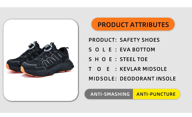 Men Safety Shoes Rotating button Work Sneakers Industrial Puncture-Proof Anti-smash Steel Toe Work Shoes Protective Safety Boots