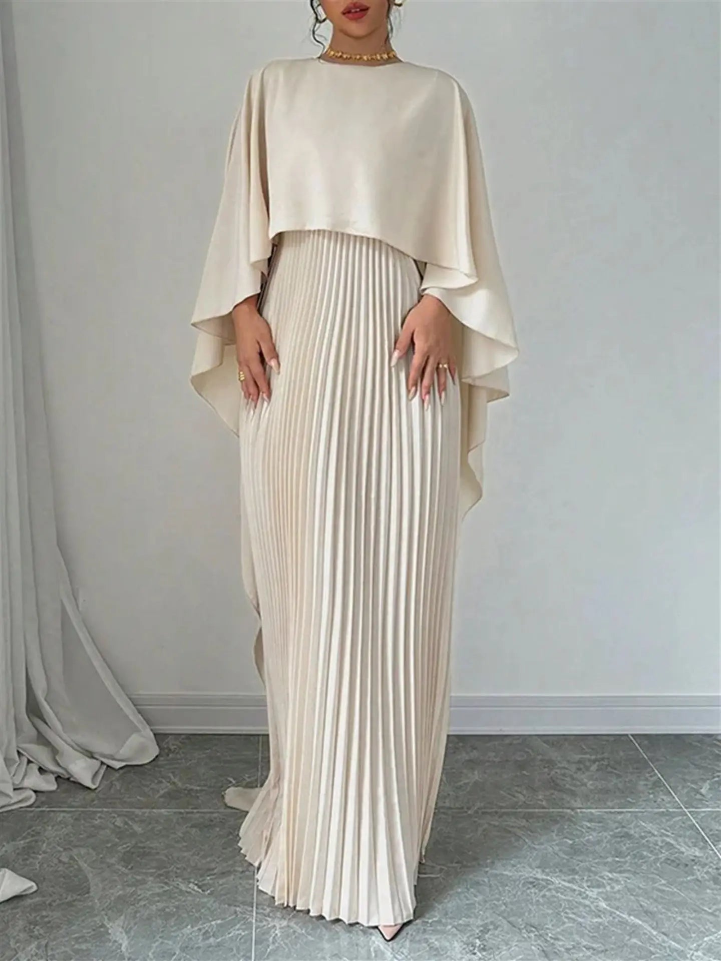 2025 New Women's Spring Summer Fashion Loose Bat Sleeve Curling Irregular Elegant Seven Inch Sleeve Long Dress