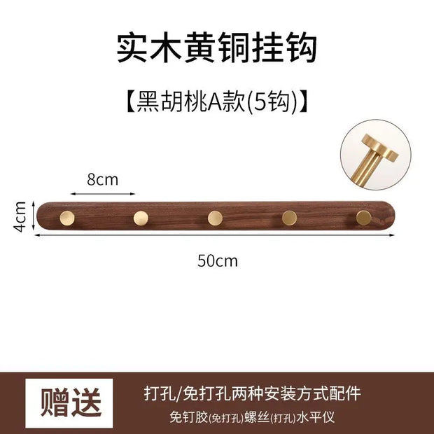 Black Walnut Solid Wood Brass Clothes Hook Entrance Foyer Coat Racks Wall Hanging Scarf Hats Keys Storage Shelf Furniture Decor