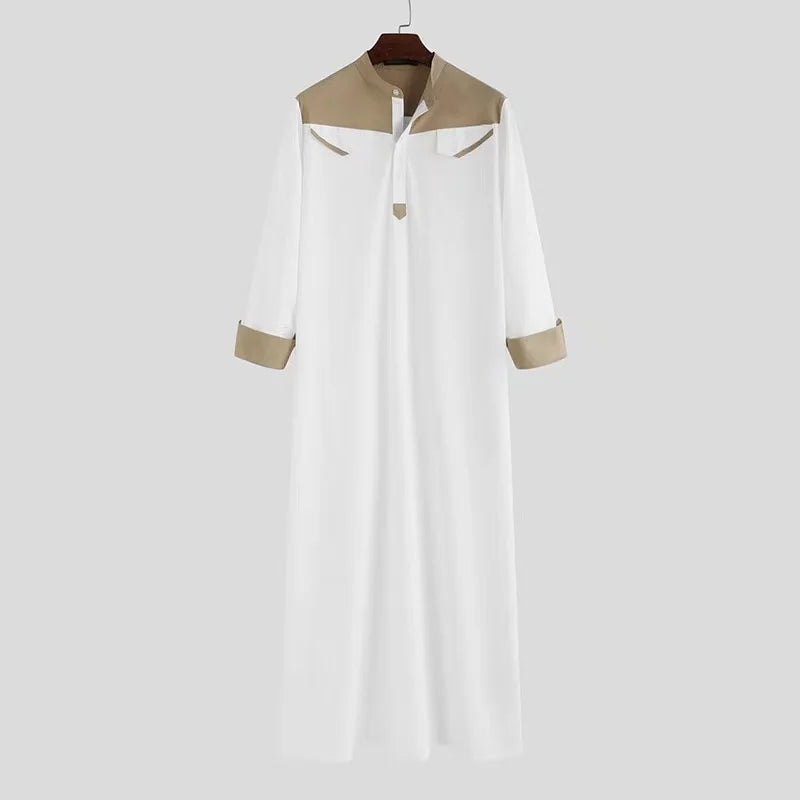 Muslim men's robe color matching Arab Middle East long robe Islamic men's clothing