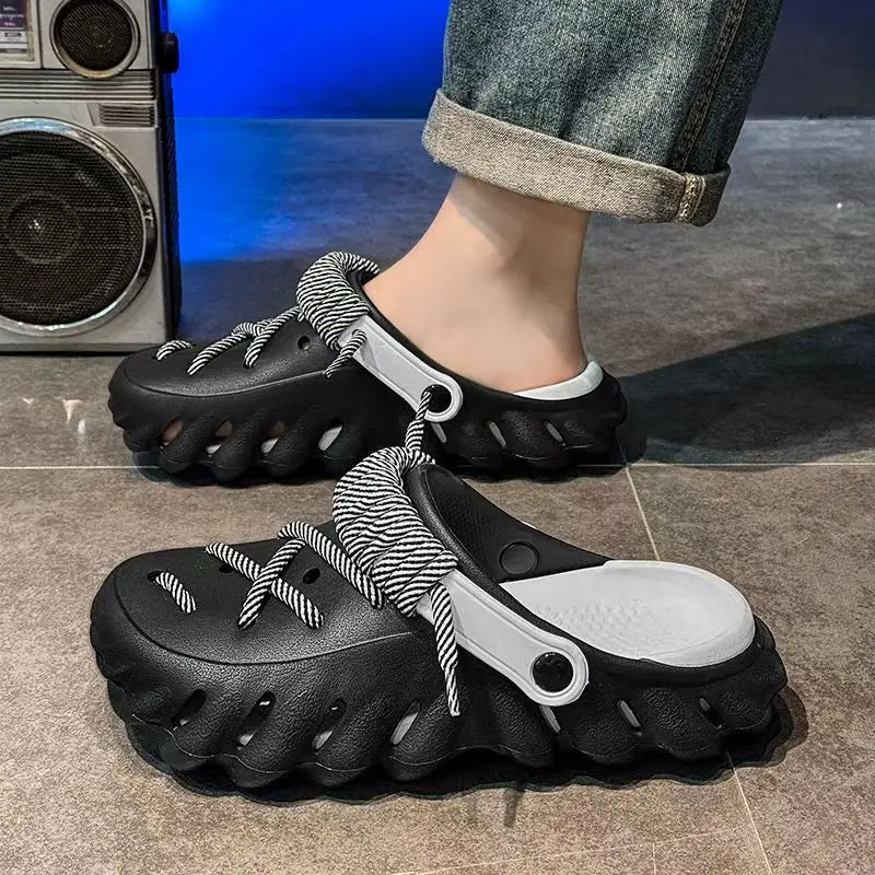 Fashion Men's Outdoor Non-slip Sandals Summer Durable Beach Shoes Thick Bottom Hollow-Out EVA Breathable Slip-On Slippers Couple