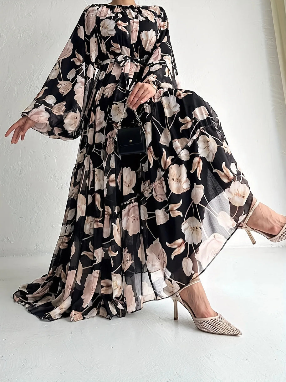 Muslim Women Dresses Flower Print Abaya Sashes Eid Ramadan Morocco Vestidos Dubai Jalabiya Kaftan Islam Arab Long Robe Abayas