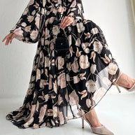 Muslim Women Dresses Flower Print Abaya Sashes Eid Ramadan Morocco Vestidos Dubai Jalabiya Kaftan Islam Arab Long Robe Abayas