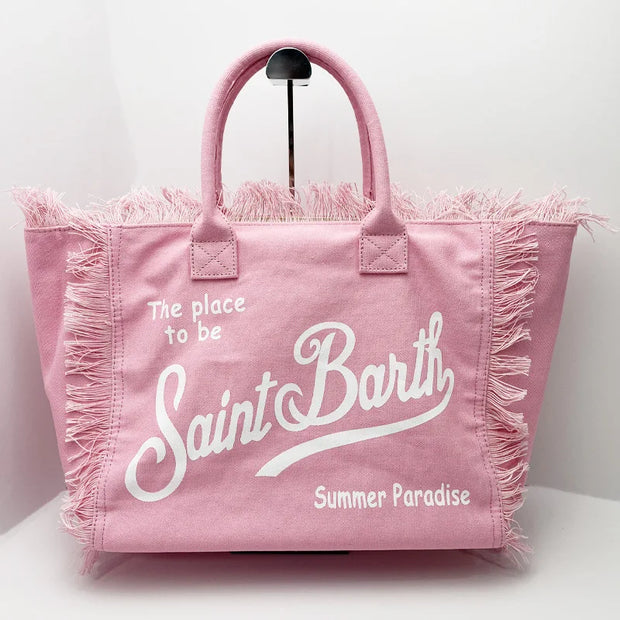 Saint Barth New Women's Large Capacity Casual Beach Canvas Striped Tassel Handheld Tote Bag