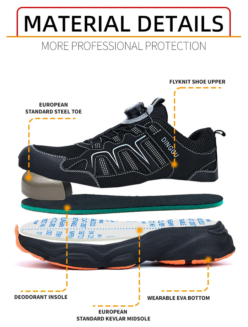 Men Safety Shoes Rotating button Work Sneakers Industrial Puncture-Proof Anti-smash Steel Toe Work Shoes Protective Safety Boots