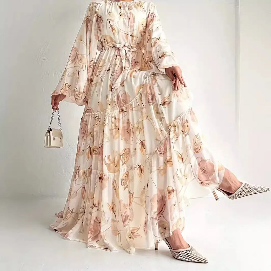 Muslim Women Dresses Flower Print Abaya Sashes Eid Ramadan Morocco Vestidos Dubai Jalabiya Kaftan Islam Arab Long Robe Abayas