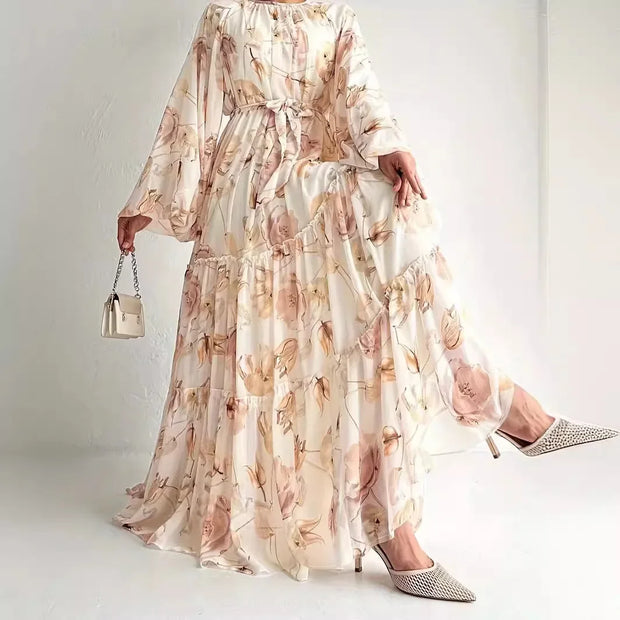 Muslim Women Dresses Flower Print Abaya Sashes Eid Ramadan Morocco Vestidos Dubai Jalabiya Kaftan Islam Arab Long Robe Abayas