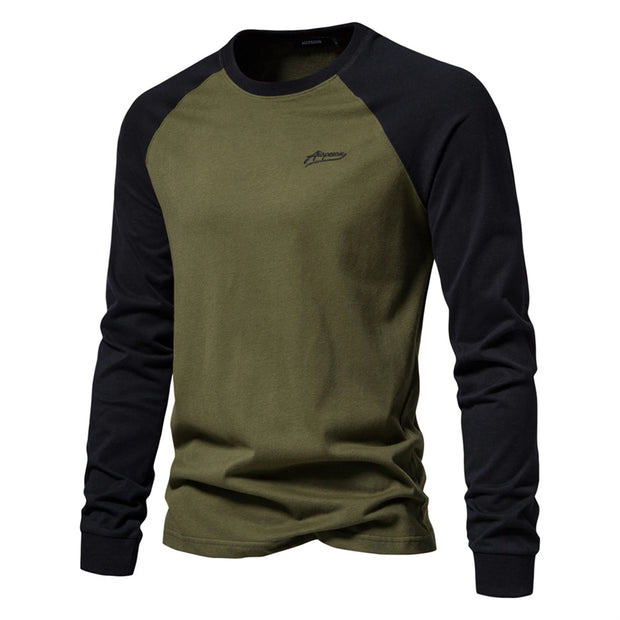 Men's Long Sleeve T-Shirt Fashion Contrast Color Round Neck Business Casual Fall Patchwork Tops Spring Fall Streetwear