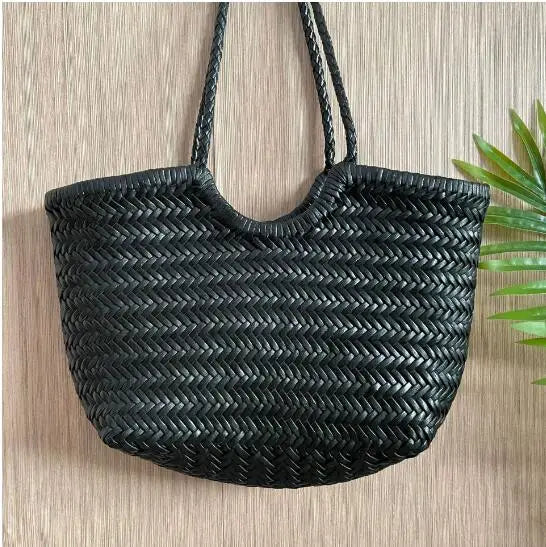100% Natural Cowhide Weave Handbags Hand Designer  Genuine Leather Female Totes Vintage Women's Cowskin Lady Large Shopping Bags