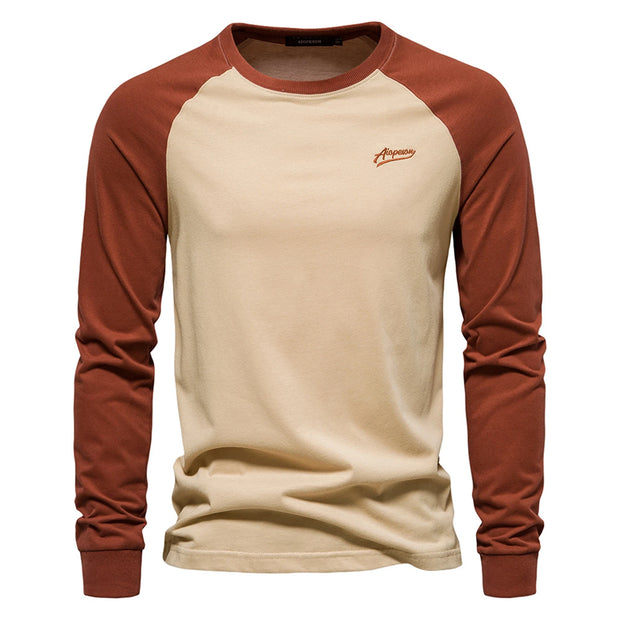 Men's Long Sleeve T-Shirt Fashion Contrast Color Round Neck Business Casual Fall Patchwork Tops Spring Fall Streetwear