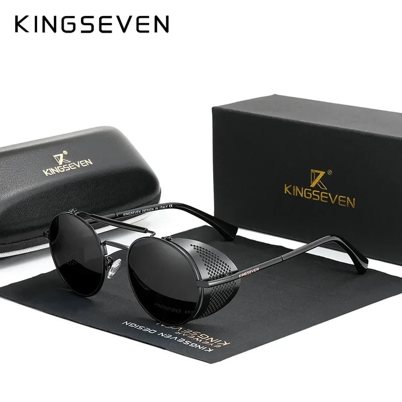 KINGSEVEN Fashion Steampunk Vintage Sunglasses Men Round Lens Polarized Eye Protection Glasses Driving Men's Eyewear