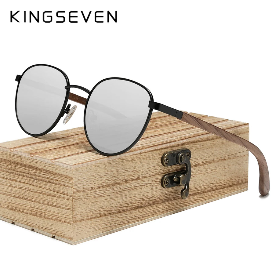 KINGSEVEN 2023 Black Walnut Wooden Sunglasses For Men Polarized UV400 Protection Round Lens Retro Eyewear Women Handmade Glasses