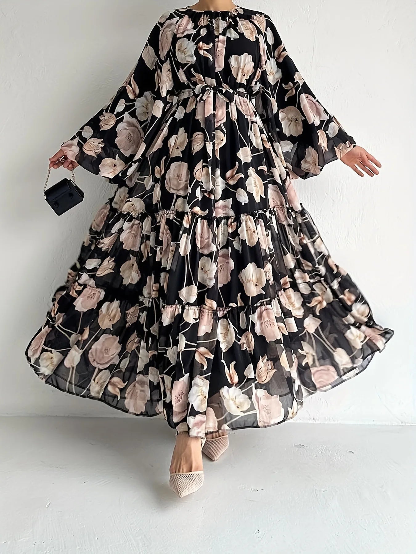 Muslim Women Dresses Flower Print Abaya Sashes Eid Ramadan Morocco Vestidos Dubai Jalabiya Kaftan Islam Arab Long Robe Abayas
