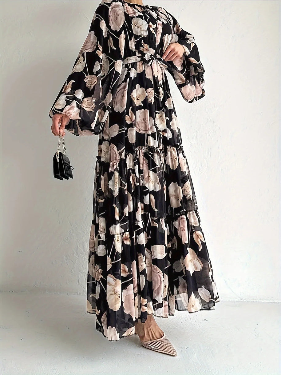 Muslim Women Dresses Flower Print Abaya Sashes Eid Ramadan Morocco Vestidos Dubai Jalabiya Kaftan Islam Arab Long Robe Abayas