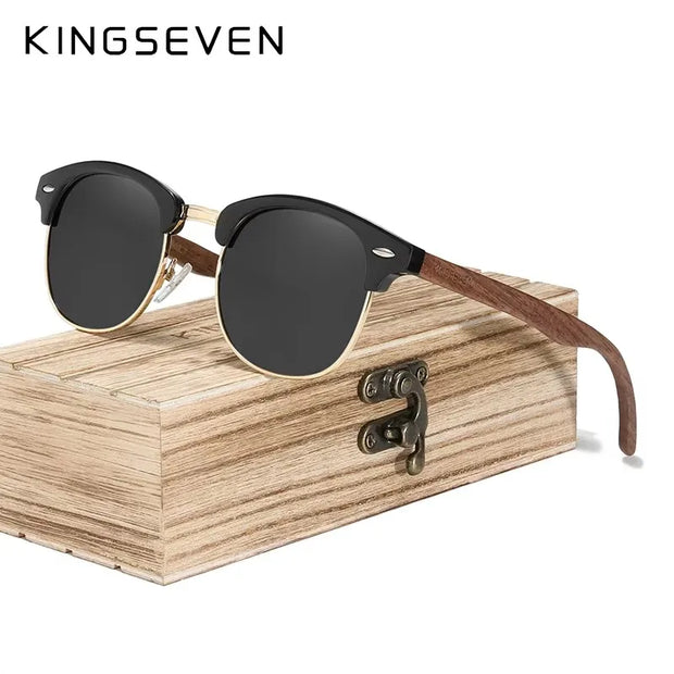 KINGSEVEN Sunglasses For Men Polarized UV400 Wood Women Round Frame Sun Glasses Brand Vintage Protection Eyewear Patchwork