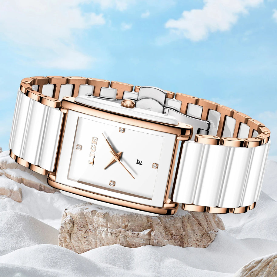 LIGE Fashion Square Quartz Woman Watches Ceramics Elegant Simple Diamond Auto Date Romantic Birthday Gift Leisure Wristwatch New