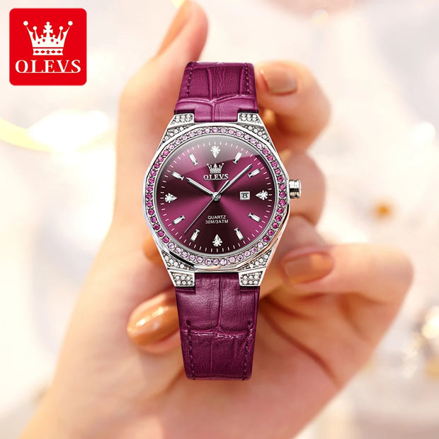 OLEVS Luxury Fashion Women's Quartz Watches Leather Elegant Casual Waterproof Date Lady Wrist Watch Original Watches for Women
