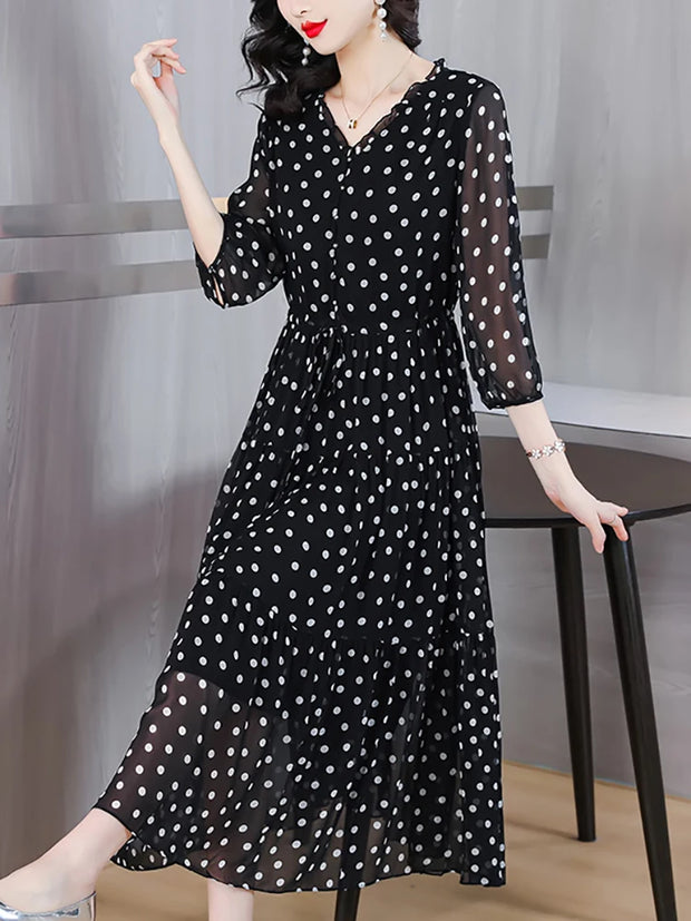 Summer Black Print Polka Dot Silk Midi Dress Women Elegant Bodycon Ruffled V-Neck Dress 2024 Vintage Hepburn Party Evening Dress