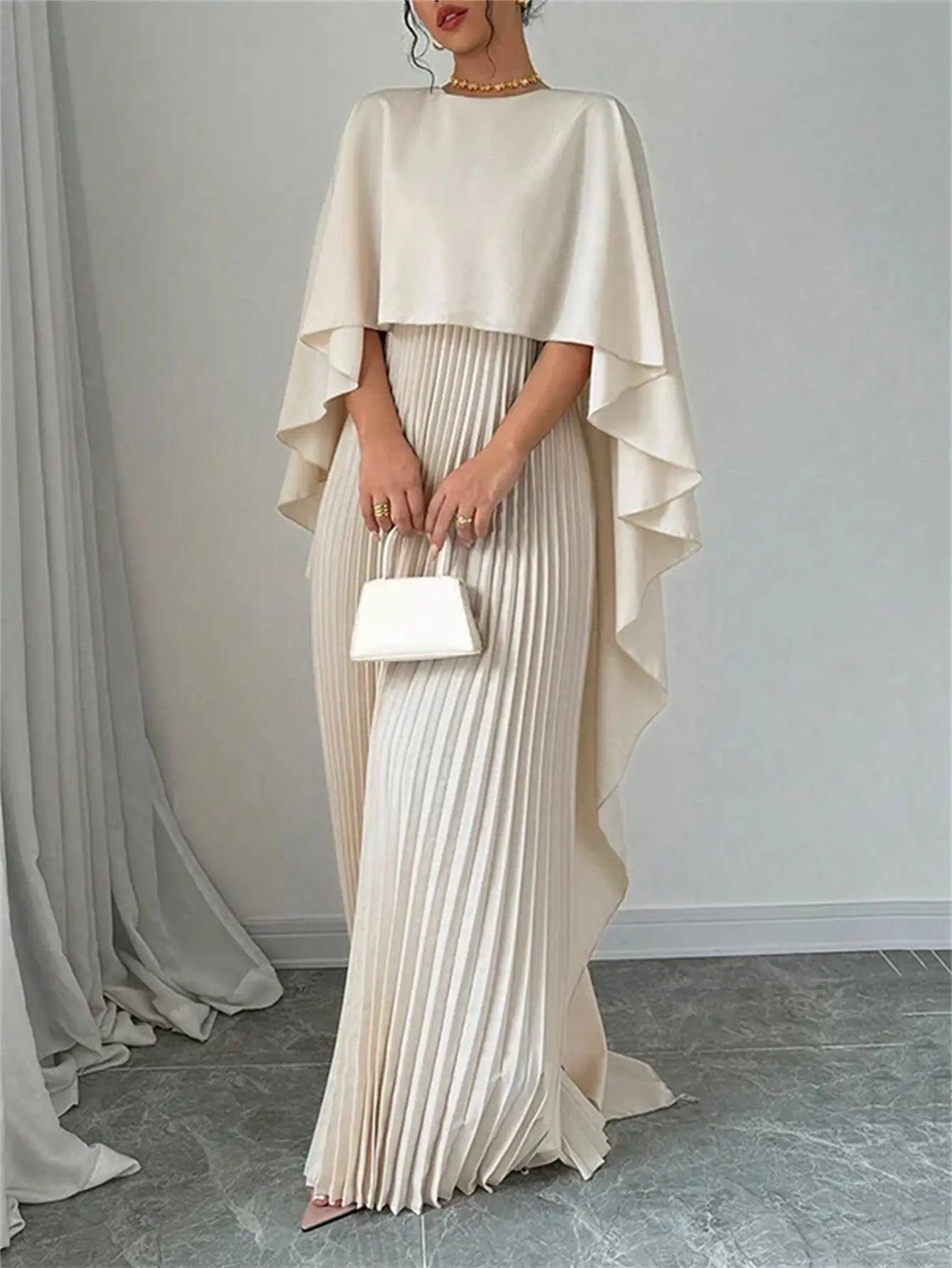 2025 New Women's Spring Summer Fashion Loose Bat Sleeve Curling Irregular Elegant Seven Inch Sleeve Long Dress
