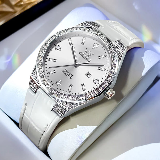 OLEVS Luxury Fashion Women's Quartz Watches Leather Elegant Casual Waterproof Date Lady Wrist Watch Original Watches for Women