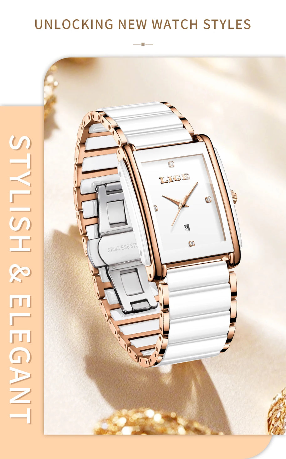 LIGE Fashion Square Quartz Woman Watches Ceramics Elegant Simple Diamond Auto Date Romantic Birthday Gift Leisure Wristwatch New