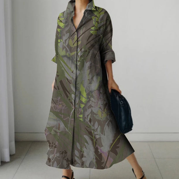 Casual Commuter Fashion Dazzling Color Printing Women's Big Size Dress New High Street Standing Collar Loose Shirt Dresses