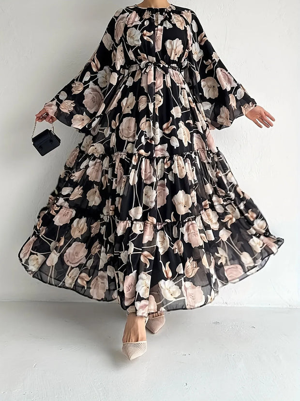 Muslim Women Dresses Flower Print Abaya Sashes Eid Ramadan Morocco Vestidos Dubai Jalabiya Kaftan Islam Arab Long Robe Abayas