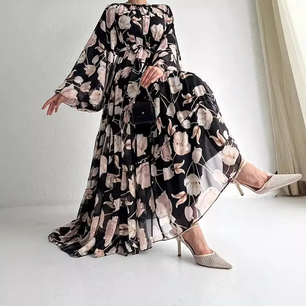 Muslim Women Dresses Flower Print Abaya Sashes Eid Ramadan Morocco Vestidos Dubai Jalabiya Kaftan Islam Arab Long Robe Abayas