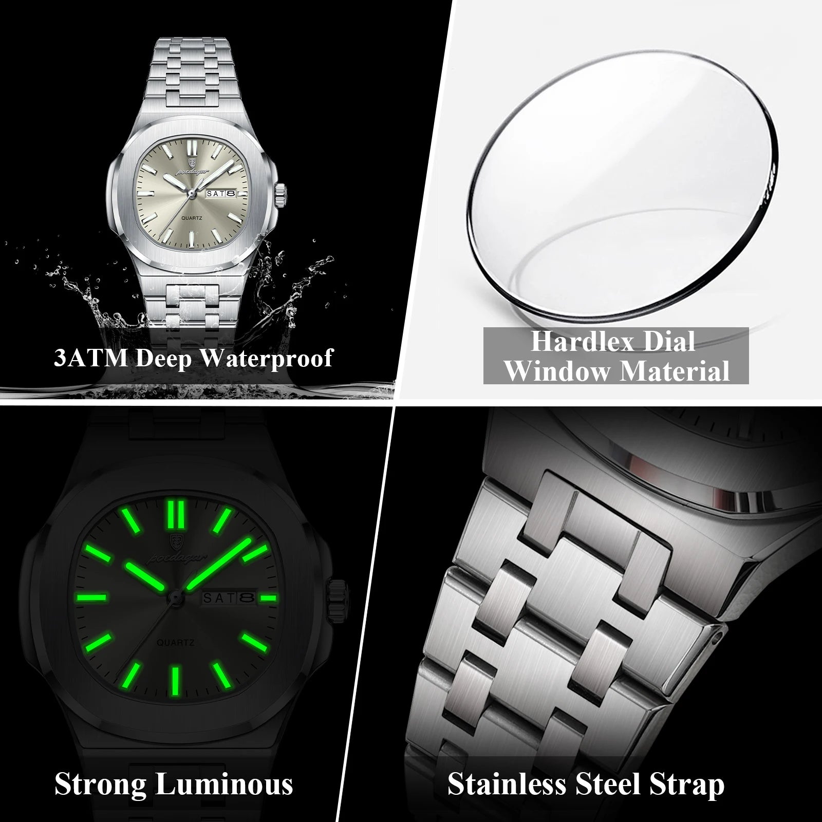 POEDAGAR Top Original Watch For Woman Luminous Date Week Square Ladies Watch Stainless Steel Quartz Women's Watches Female Reloj