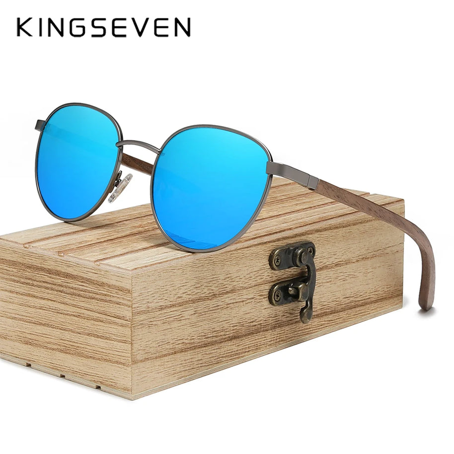KINGSEVEN 2023 Black Walnut Wooden Sunglasses For Men Polarized UV400 Protection Round Lens Retro Eyewear Women Handmade Glasses
