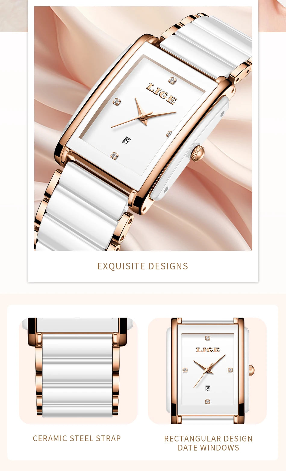 LIGE Fashion Square Quartz Woman Watches Ceramics Elegant Simple Diamond Auto Date Romantic Birthday Gift Leisure Wristwatch New