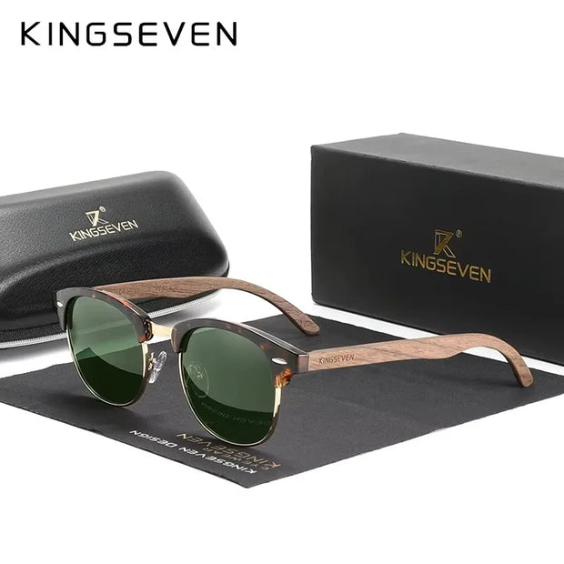 KINGSEVEN Brand Walnut Sunglasses Men Women Polarized UV400 Lens Wood Round Frame Glasses Vintage Retro Luxury Eyewear Patchwork