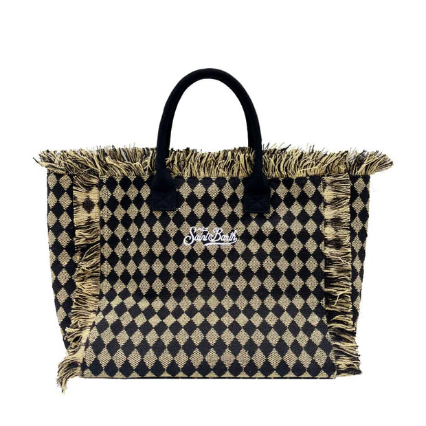 Saint Barth European and American New Women's Large Capacity Leisure Beach Cotton and Hemp Diamond Tassel Handheld Tote Bag