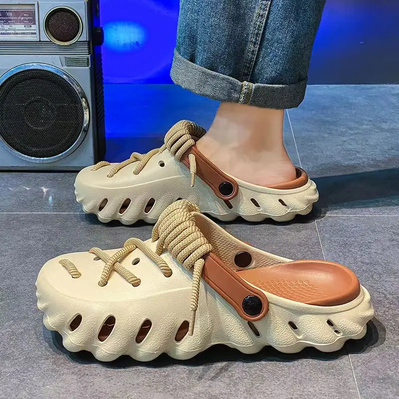 Fashion Men's Outdoor Non-slip Sandals Summer Durable Beach Shoes Thick Bottom Hollow-Out EVA Breathable Slip-On Slippers Couple
