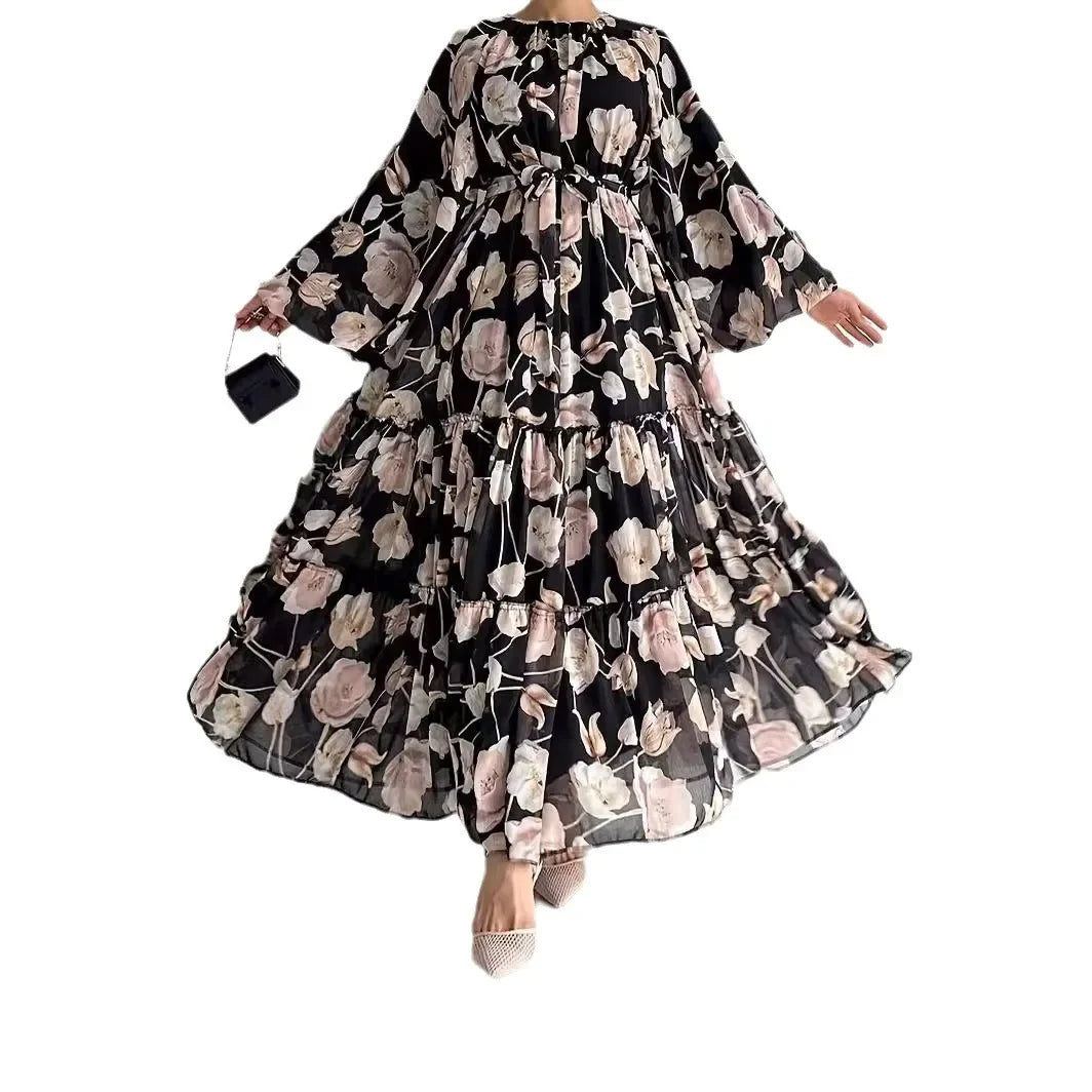 Muslim Women Dresses Flower Print Abaya Sashes Eid Ramadan Morocco Vestidos Dubai Jalabiya Kaftan Islam Arab Long Robe Abayas
