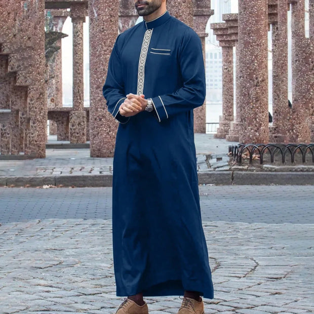 Muslim men's robe long-sleeved ethnic style embroidered stand collar Arabic clothing men's Islamic casual robe