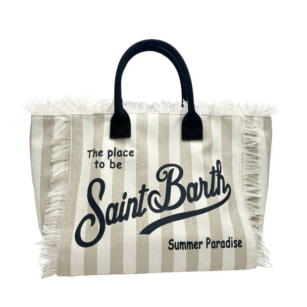 Saint Barth European and American New Women's Large Capacity Casual Beach Canvas Striped Tassel Handheld Tote Bag