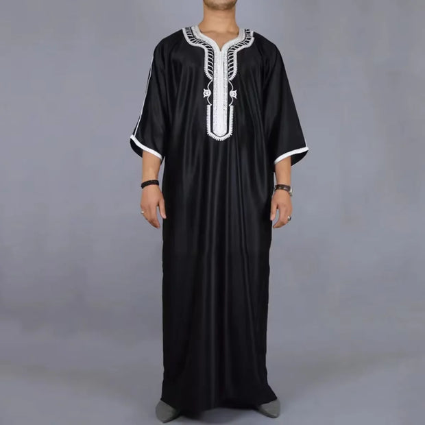 Moroccan style Muslim men's long robe white elegant exquisite embroidery men's long robe casual simple robe