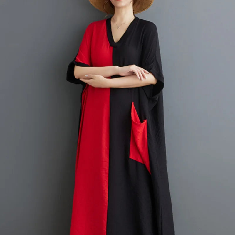 #3935 Black And Red Long Dress V-neck Split Joint Vintage Cotton Linen Dress Batwing Sleeve Thin Pockets A-line Ladies Dresses