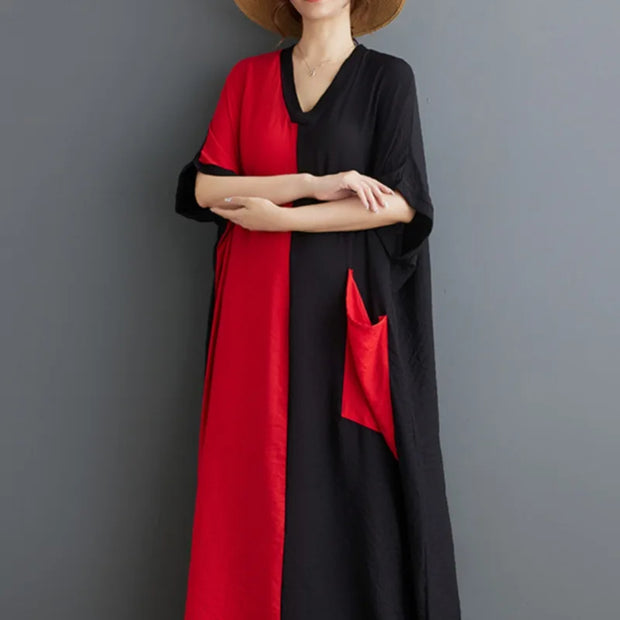 #3935 Black And Red Long Dress V-neck Split Joint Vintage Cotton Linen Dress Batwing Sleeve Thin Pockets A-line Ladies Dresses