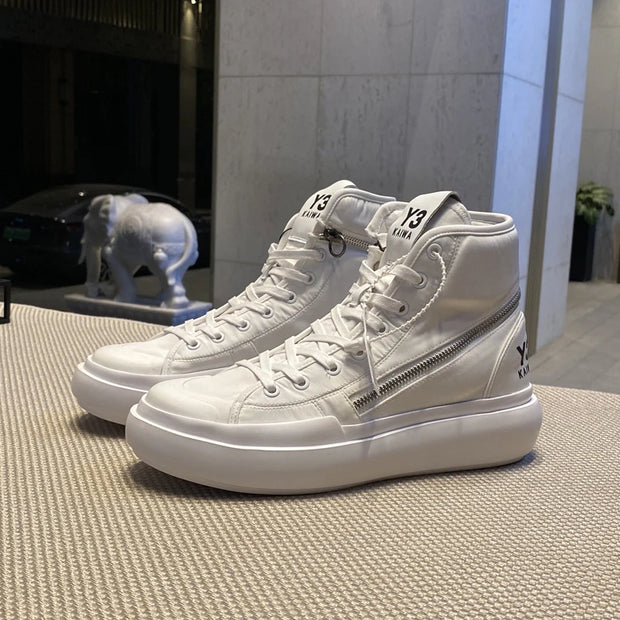 New Fashion High-top Casual Shoes Men Platform White Ankle Boot in Canvas Zipper Ornament Sneaker Boots Handcrafted Man Footwear