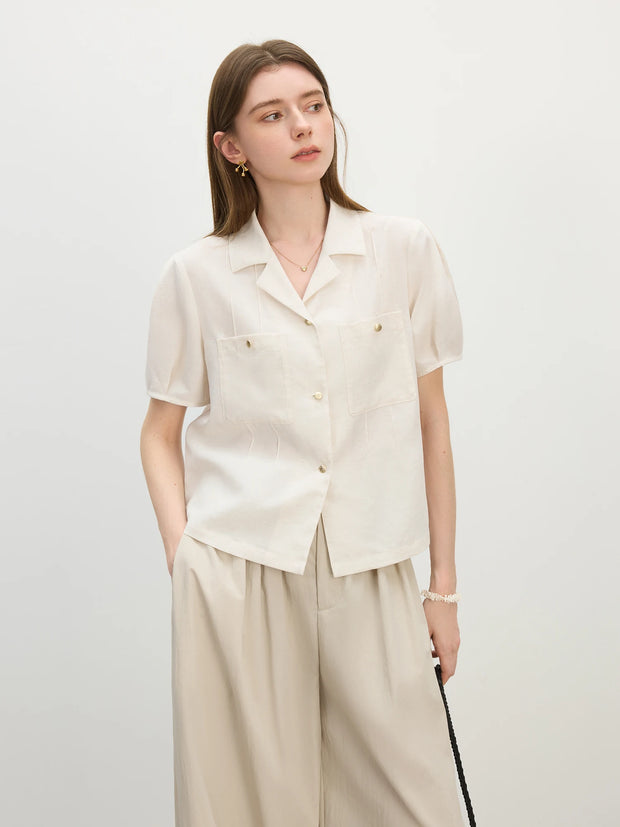 FSLE Minimalism Style Linen Short-sleeved Shirt For Women Summer 2025 New Arrival Simple Retro Suit Collar Shirt 25FS12511