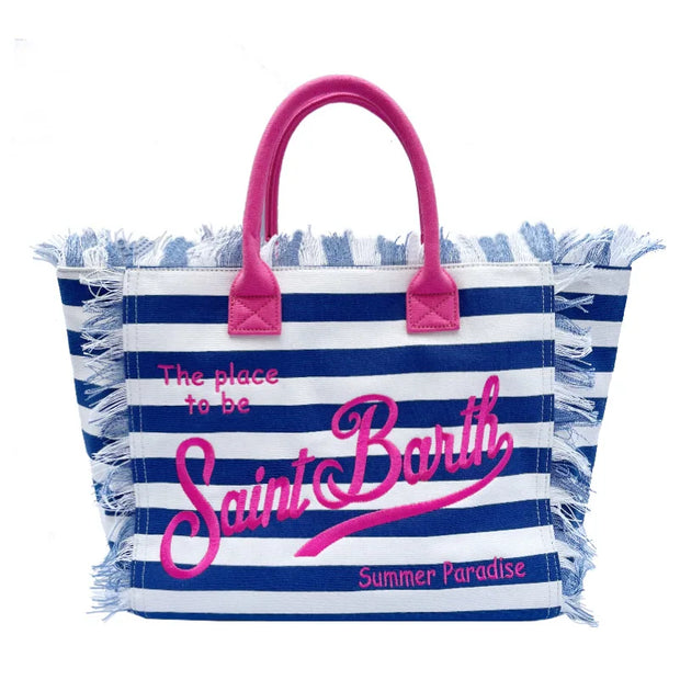 SAINT BARTH European and American new large capacity leisure travel canvas solid color striped handmade tassel handbag tote bag