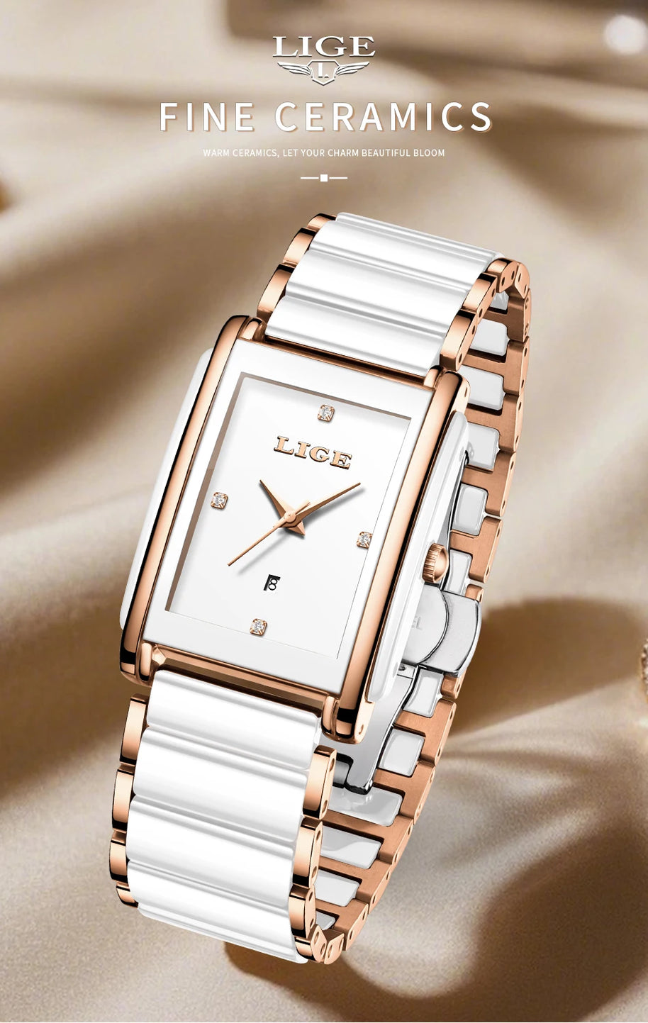 LIGE Fashion Square Quartz Woman Watches Ceramics Elegant Simple Diamond Auto Date Romantic Birthday Gift Leisure Wristwatch New