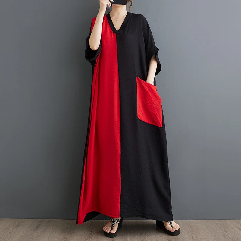 #3935 Black And Red Long Dress V-neck Split Joint Vintage Cotton Linen Dress Batwing Sleeve Thin Pockets A-line Ladies Dresses