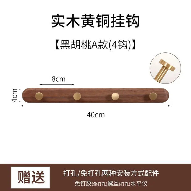 Black Walnut Solid Wood Brass Clothes Hook Entrance Foyer Coat Racks Wall Hanging Scarf Hats Keys Storage Shelf Furniture Decor